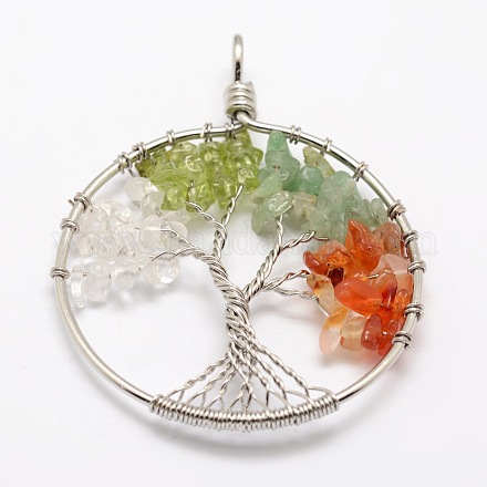 Tree of Life Mixed Stone Bead Brass Wire Wrapped Big Pendants KK-L136-01A-NR-1