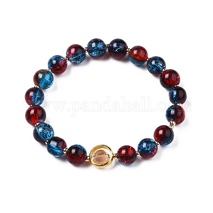 Bracelet extensible en perles de verre rondes avec anneau en laiton plaqué or pour femme BJEW-N018-02C-1