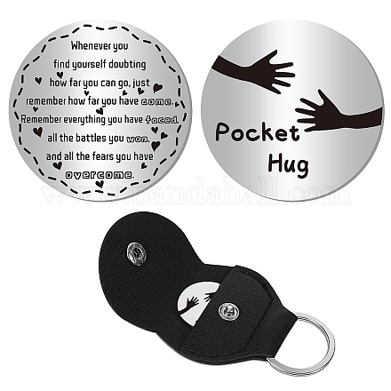 CREATCABIN Inspirational Pocket Hug Token Encouragement Keychain Long Distance Relationship Keepsake Stainless Steel Double Sided with PU Leather Keychain for Friends Family Son 1.2 x 1.2 Inch AJEW-CN0001-21D-1