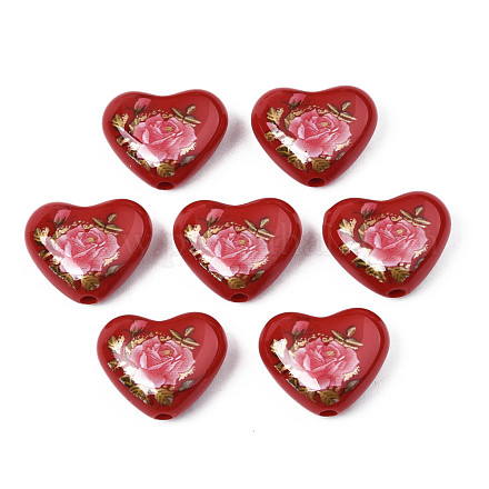 Flower Printed Opaque Acrylic Heart Beads SACR-S305-28-I04-1