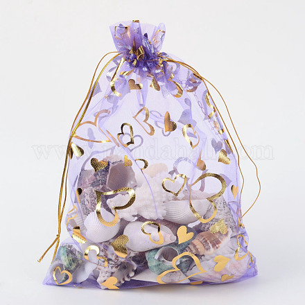 ハートプリントオーガンジーバッグ巾着袋  ギフトバッグ  長方形  紫色のメディア  18x13cm OP-R022-13x18-05-1