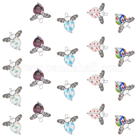 DICOSMETIC 40Pcs Millefiori Lampwork Pendant Love Heart Charm Heart with Wing Charm Tibetan Style Millefiori Pendant Antique Silver Dangle Charm Supplies for DIY Jewelry Making Gift LAMP-DC0001-02-1