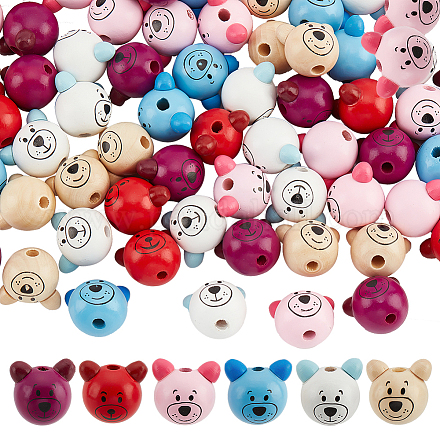 Nbeads 72 pièces 6 couleurs perles en bois tête d'ours WOOD-NB0002-07-1