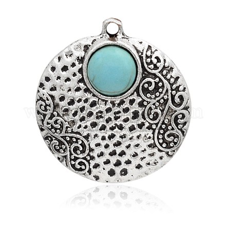 Antique Silver Plated Alloy Dyed Synthetic Turquoise Pendants PALLOY-J679-01AS-1