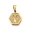 304 Stainless Steel Charms, Real 18K Gold Plated, Hexagon with Letter Charm, Letter V, 15x14x1.5mm, Hole: 3x5.5mm