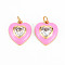 Brass Enamel Pendants, with Clear Cubic Zirconia and Jump Ring, Nickel Free, Golden, Heart, Pearl Pink, 17.5x15.5x4.5mm, Hole: 3.5mm