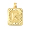 Rack Plating Brass Pendants, Long-Lasting Plated, Lead Free & Cadmium Free, Square with Letter Charms, Letter K, 24x17x2.5mm, Hole: 4x3.5mm