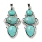 Synthetic Green Turquoise Pendants, Rack Plating Brass Flower Charms, Cadmium Free & Lead Free, Platinum, 47x24x6.5mm, Hole: 7.5x5mm