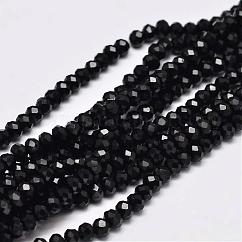 Facetado rondelle cuentas de vidrio hebras, negro, 3.5~3.8x2.5~3mm, agujero: 0.8~1 mm, aproximamente 105~110 pcs / cadena, 29~31 cm