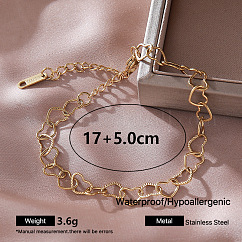 Collares de cadena con eslabones en forma de corazón de acero inoxidable 304 de estilo vintage para mujer, dorado, 6.69 pulgada (17 cm)