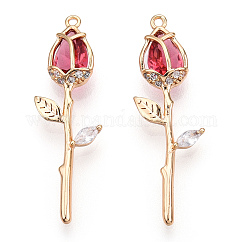 Pendentifs avec zircon cubiques à micro-pavés en laiton, sans nickel, véritable 18k plaqué or, fleur rose, cerise, 29x9x5mm, Trou: 1mm