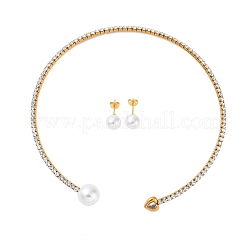 Runde Ohrstecker aus Plastik mit Kunstperlen und herzförmigem Zirkonia-Strass-Manschetten-Halsketten-Set&nbsp;SJEW-U003-08G