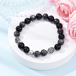 Stretch-Armbänder aus Legierung und natürlichem schwarzem Onyx und Larvikit mit runden Perlen für Männer und Frauen&nbsp;BJEW-JB12567