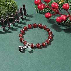 Cornaline d'agate rouge naturelle (teinte et chauffée) et bracelet extensible en aventurine verte avec breloque en alliage d'arbre de Noël&nbsp;BJEW-TA00124