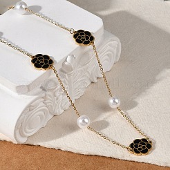Colliers avec pendentif en forme de fleur en émail noir et acier inoxydable 304 plaqué ion (IP) pour femmes&nbsp;NJEW-M078-09G