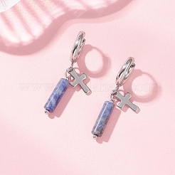 Boucles d'oreilles créoles en acier inoxydable 304 avec jaspe bleu tacheté.&nbsp;EJEW-JE06791-03