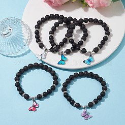 Stretch-Armband aus natürlichem Lavagestein und schwarzem Achat mit runden Perlen&nbsp;BJEW-JB10010