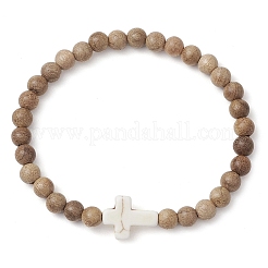 Braccialetti elastici con perline di legno naturale per le donne&nbsp;BJEW-JB11338-02