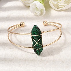 Brazaletes tipo brazalete hexagonales de malaquita sintética envueltos en alambre de latón para mujer&nbsp;BJEW-L719-01G-06-1