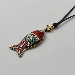 Collane con ciondolo a forma di pesce rosso scuro in lega regolabile e cordino cerato nero&nbsp;NJEW-WH0001-52G