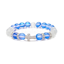 5 pièces 5 couleurs pierre de lune synthétique & oeil de chat & zircone cubique croix perlée bracelet extensible pour femme&nbsp;BJEW-JB08972