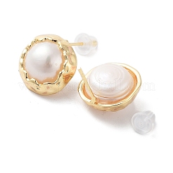 Orecchini a bottone semicircolari di perle naturali con componenti in ottone e 925 spilla in argento sterling&nbsp;EJEW-P256-90G