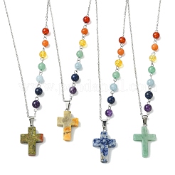 Colgante de cruz con piedras preciosas naturales mixtas y chakras&nbsp;NJEW-JN06268