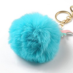 Porte-clés boule de fourrure de lapin imitation rex et pendentif licorne en cuir pu&nbsp;LS-KEYC-K018-01KCG-01