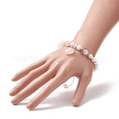Braccialetto di fascino del cuore di quarzo rosa naturale con catene di perline di perle naturali per le donne&nbsp;BJEW-TA00255-02