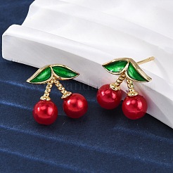 Pendientes de botón con perlas de plástico ABS y latón color cereza&nbsp;EJEW-U062-04B-02G