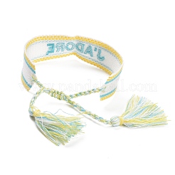 Palabra j'adore pulsera trenzada de polialgodón (algodón poliéster) con dije de borla&nbsp;BJEW-F429-01