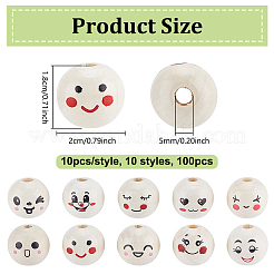 100 pièces 10 styles de perles européennes en bois imprimé&nbsp;WOOD-UN0001-22A