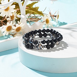 2 pièces 2 styles de pierres précieuses mixtes naturelles et synthétiques rondes perlées ensemble de bracelets extensibles pour femmes&nbsp;BJEW-JB08023
