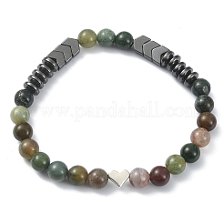 Braccialetto elasticizzato da donna con pietre preziose miste naturali rotonde e ematite sintetica e cuore in lega con perline&nbsp;BJEW-JB09374