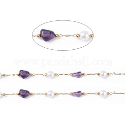 Pepita di ametista naturale e catena di perle di vetro imitazione perla&nbsp;CHS-C006-02F