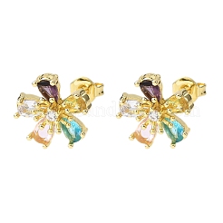 Orecchini a bottone a fiore in ottone con micro pavé di zirconi cubici&nbsp;EJEW-H174-01A-G