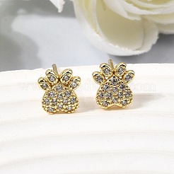 Pendientes de botón de latón con micro circonitas cúbicas transparentes y diseño de huella de pata&nbsp;EJEW-C186-04G