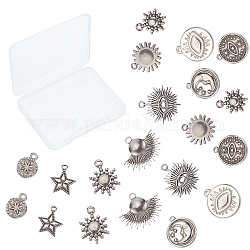 SUNNYCLUE 1 Box 20Pcs 10 Styles Moon Star Charms Galaxy Theme Silver Plated Evil Eye Space Stainless Steel Sun Flat Round Vintage Pendants Bulk for Jewelry Making Charms Bracelets Findings