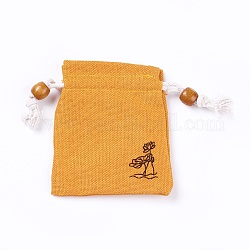 黄麻布製梱包袋ポーチ  巾着袋  木製のビーズで  オレンジ  10~10.1x8.2~8.3cm