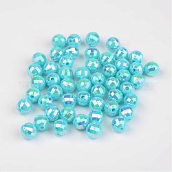 Perles rondes en acrylique poly styrène écologique coloré à facettes, couleur ab , cyan, 6mm, Trou: 1mm, environ 5000 pcs/500 g