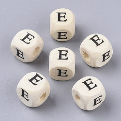 Printed Natural Wood Beads, Horizontal Hole, Cube with Initial Letter, PapayaWhip, Letter.E, 10x10x10mm, Hole: 3.5mm, about 1000pcs/500g