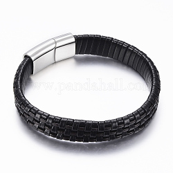 Bracelets de cordon en cuir PU, avec fermoirs magnétiques en 304 acier inoxydable, noir, 8-5/8 pouce (220 mm) x12~14x5~8 mm