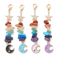 Moon Alloy Enamel Pendant Decorations, with Chakra Gemstone Chips & Brass Star Link and 304 Stainless Steel Lobster Claw Clasps, Mixed Color, 78mm