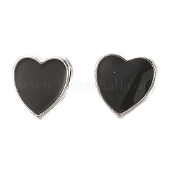 Accessoires de clous d'oreilles en laiton, avec boucle, émail, cœur, sans nickel, Platine plaqué réel, noir, 10x10mm, Trou: 1.5mm, pin: 0.7 mm