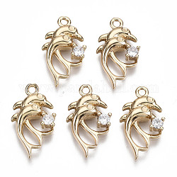 Brass Micro Pave Cubic Zirconia Pendants, Dolphin Shape, Long-Lasting Plated, Light Gold, Clear, 17x9x3mm, Hole: 1.2mm