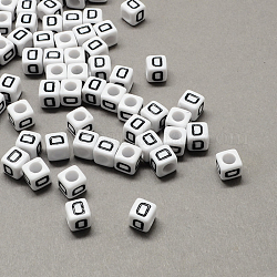 Perles européennes de lettre en acrylique à gros trou, trou horizontal, blanc et noir, cube avec la lettre, letter.d, 8x8x8mm, Trou: 4mm, environ 1144 pcs/500 g