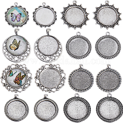 Sunnyclue 16 pièces 8 styles style tibétain plat rond alliage pendentif cabochon supports, argent antique, Plateau: 25 mm, 35.5~44x32~36x2mm, Trou: 2.5~5mm, 2 pièces / style