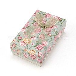 Caja de embalaje de joyería de cartón con patrón de flores, 2 ranura, para pendientes de anillo, con lazo de cinta y esponja negra, Rectángulo, verde mar oscuro, 8x5x2.6 cm