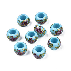 Undurchsichtige Unterlegscheibe-Perlen aus Acryl mit Blumendruck, Großloch perlen, Himmelblau, 15x9 mm, Bohrung: 7 mm