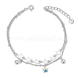 SHEGRACE 925 Sterling Silver Multi-Strand Bracelets, with Czech Rhinestone and Cable Chains, Star & Round, Platinum, 6-1/2 inch(16.5cm)